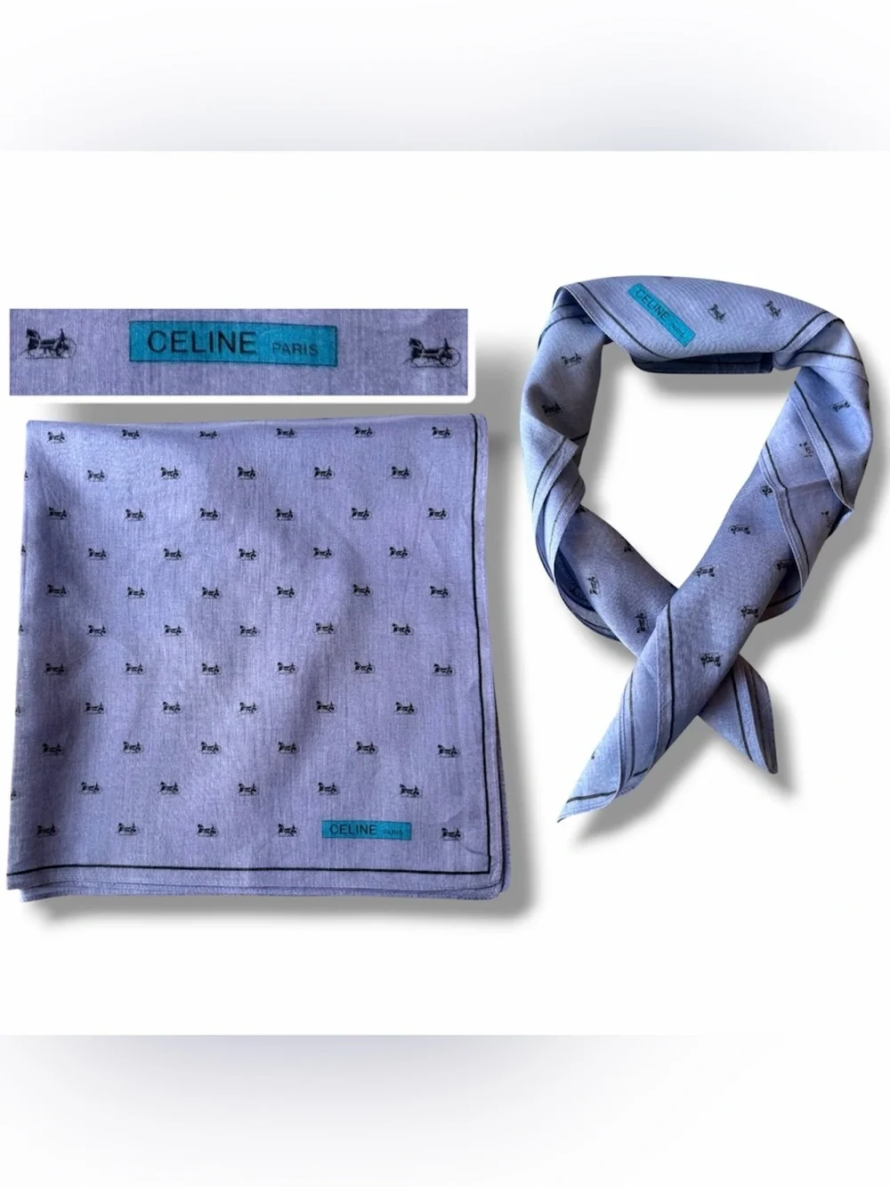 Celine Paris periwinkle blue purple all-over iconic carriage micro print scarf